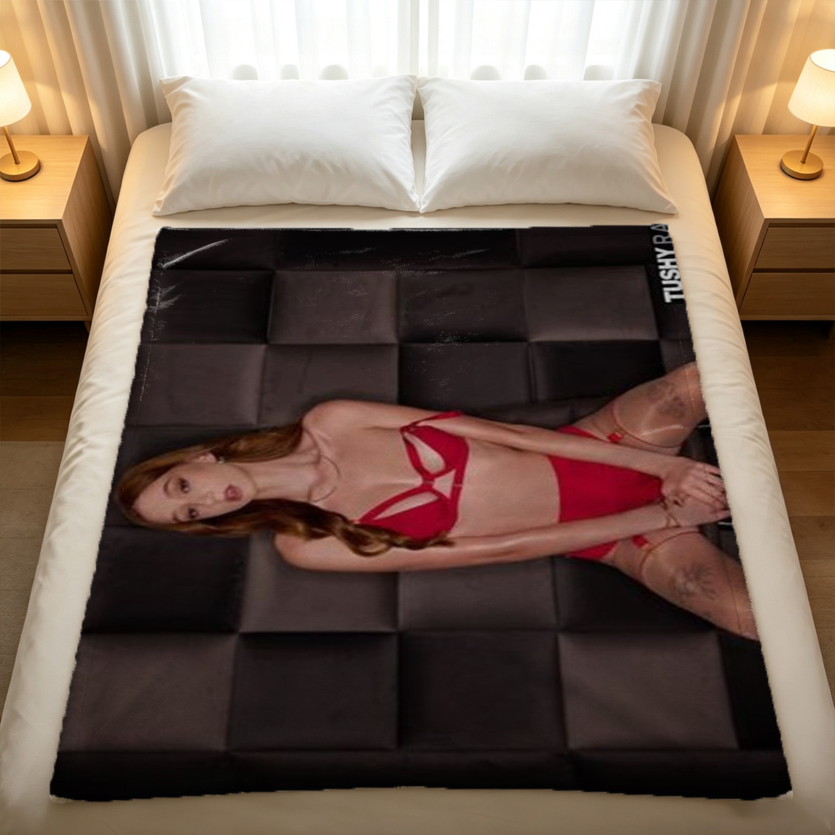 Redhead in pink lingerie posing on couch - Blanket