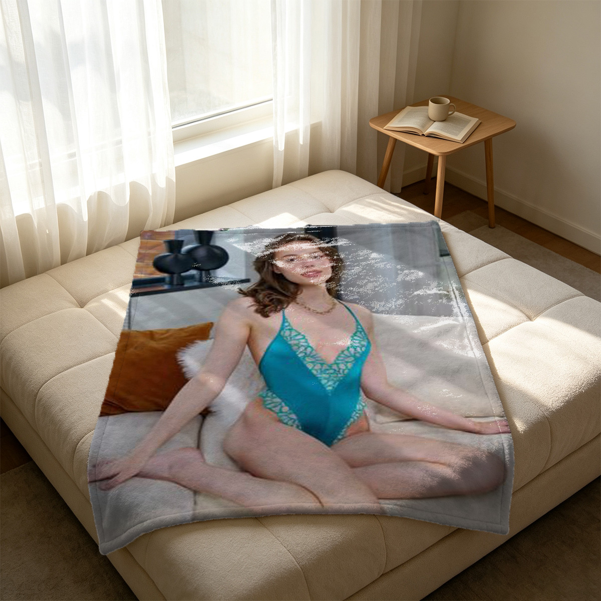 Blonde Woman in Teal Lace Lingerie Having Breakfast in Bed - Blanket