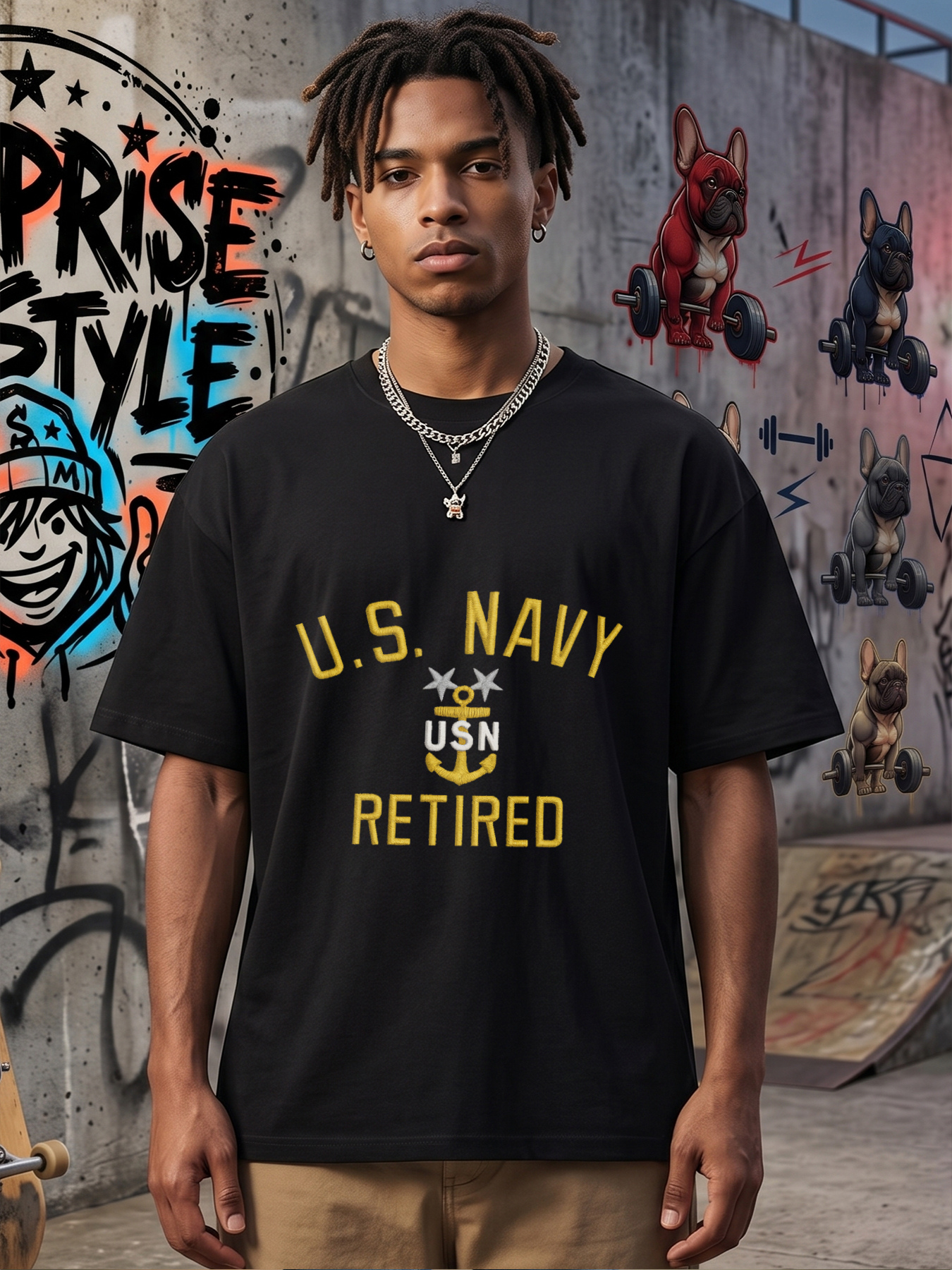 Men's U.S. Navy Retired Anchor Embroidered Print T-Shirt Casual Round Neck Lightweight Breathable Summer Short Sleeve Tee for Veterans and Military Enthusiasts
