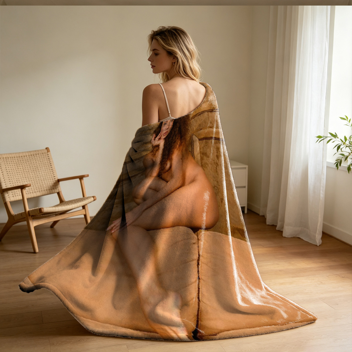 Nude blonde with curly hair posing by the window. - Blanket