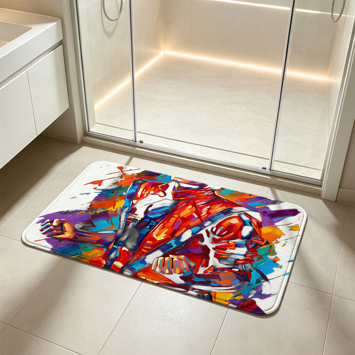 Michael Jackson in vibrant, dynamic art style, wearing iconic red jacket, set against colorful abstract background. - Flannel floor mat