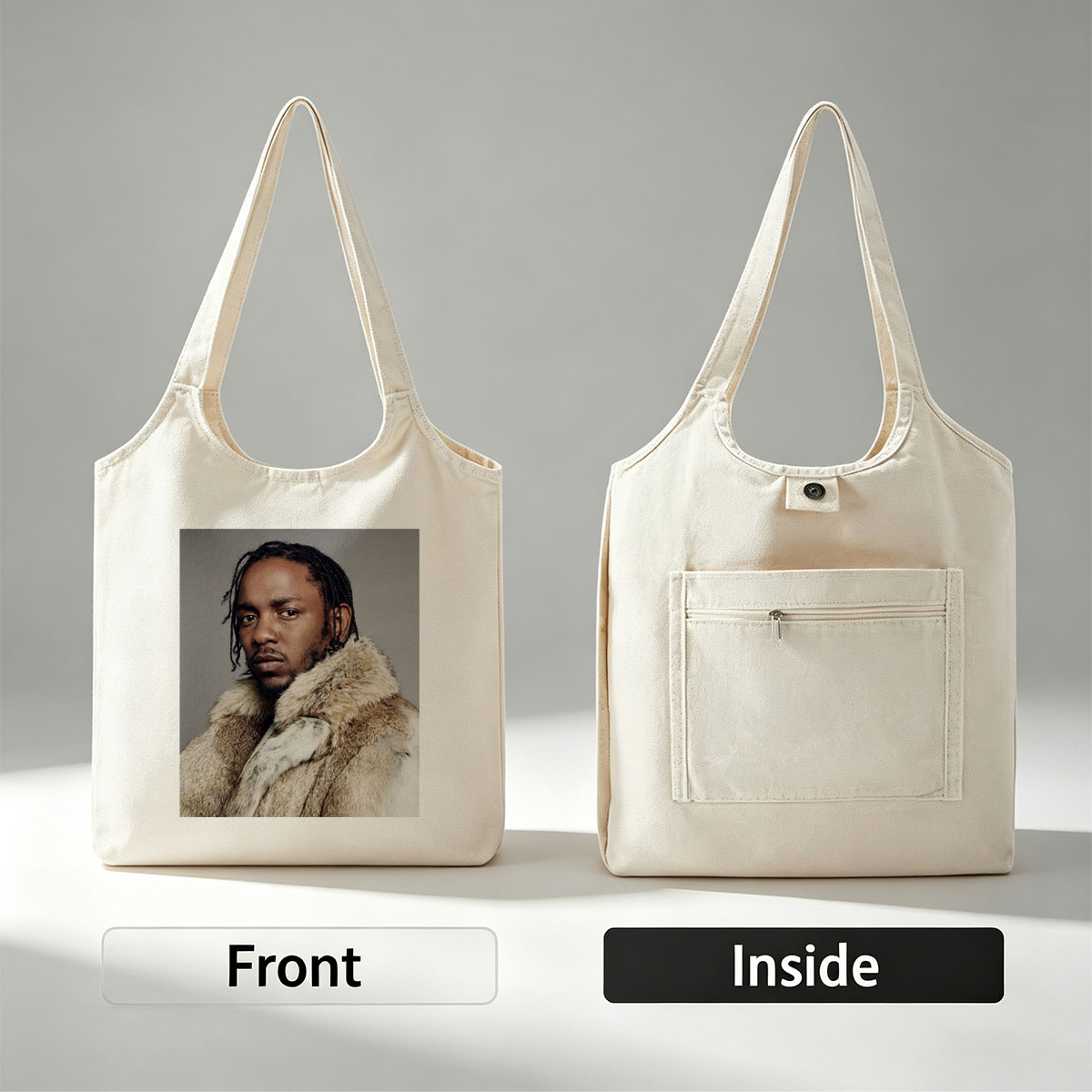 Kendrick Lamar in a Fur Coat Portrait with Intense Gaze and Braided Hair - Canvas shoulder bags/