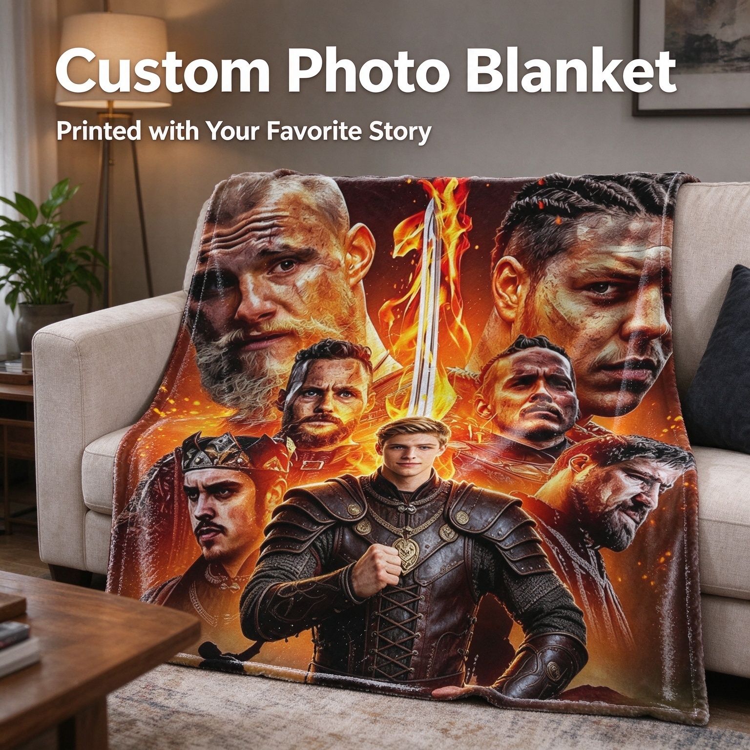 Custom Photo Flannel Blanket Personalized Epic Warrior Portrait Soft Anti Pilling Throw for Sofa Bed Cozy Custom Gift