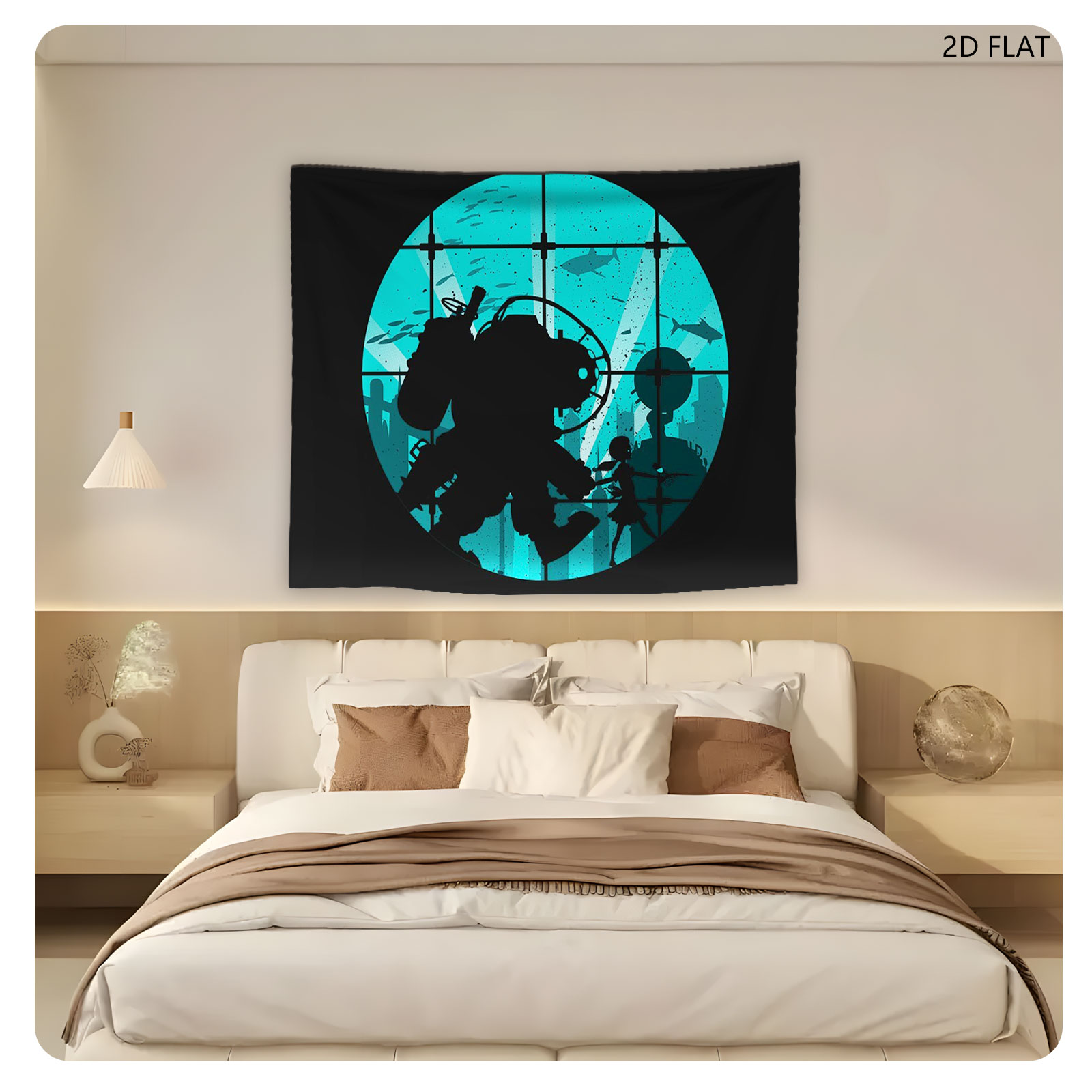 Deep Sea Diver and Child in Underwater City Silhouette - Tapestry