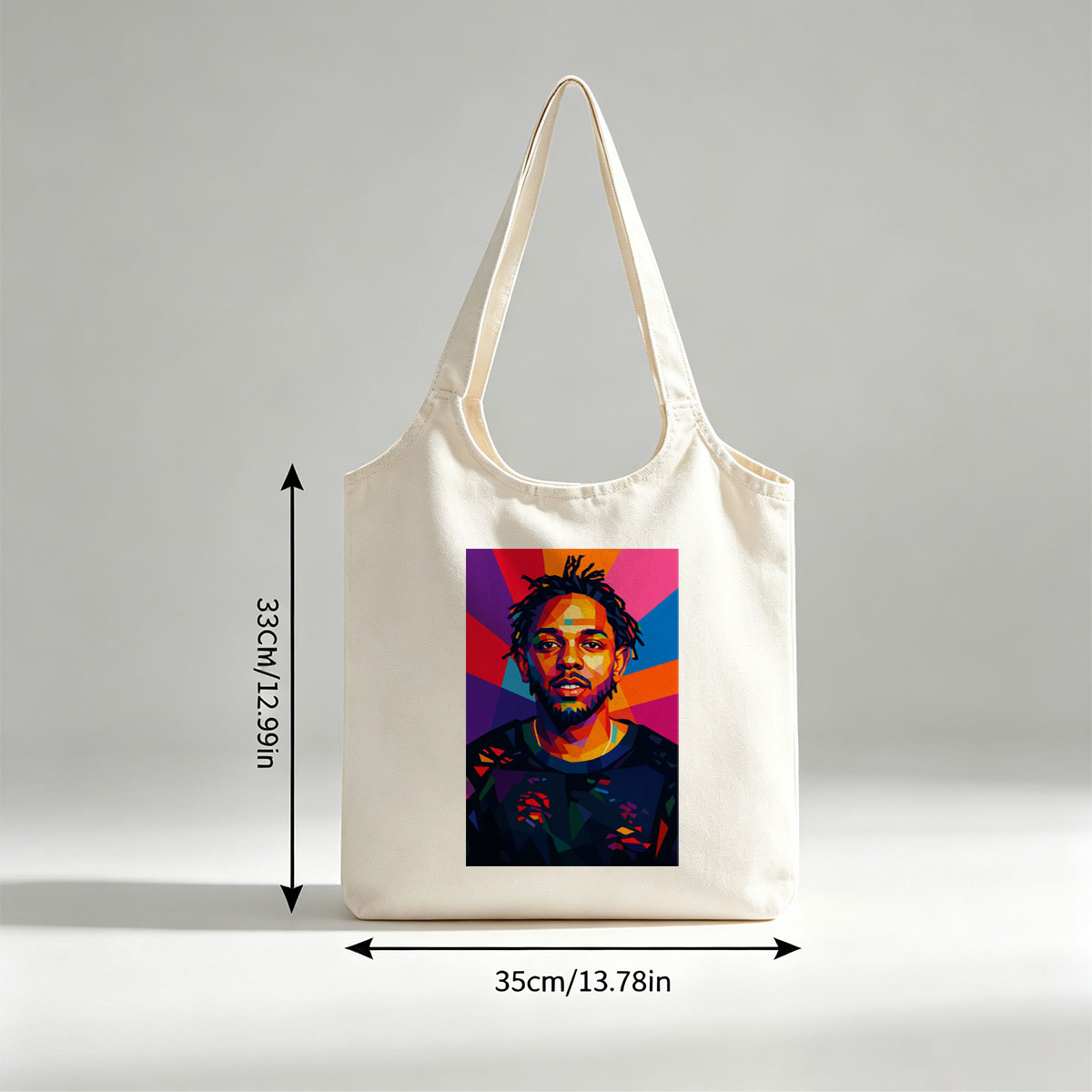 Kendrick Lamar Portrait in Vibrant Geometric Art Style with Colorful Radiant Background - Canvas shoulder bags/