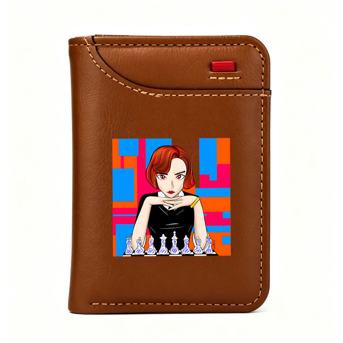 Woman in Black Dress Playing Chess with Blue and Pink Background - Vertical Style Wallet
