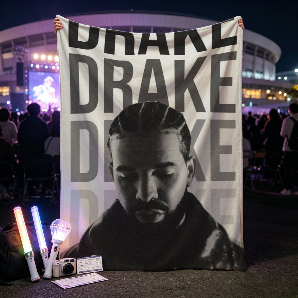 Drake in a Bold Monochrome Portrait with Stacked Name Typography - Blankets
