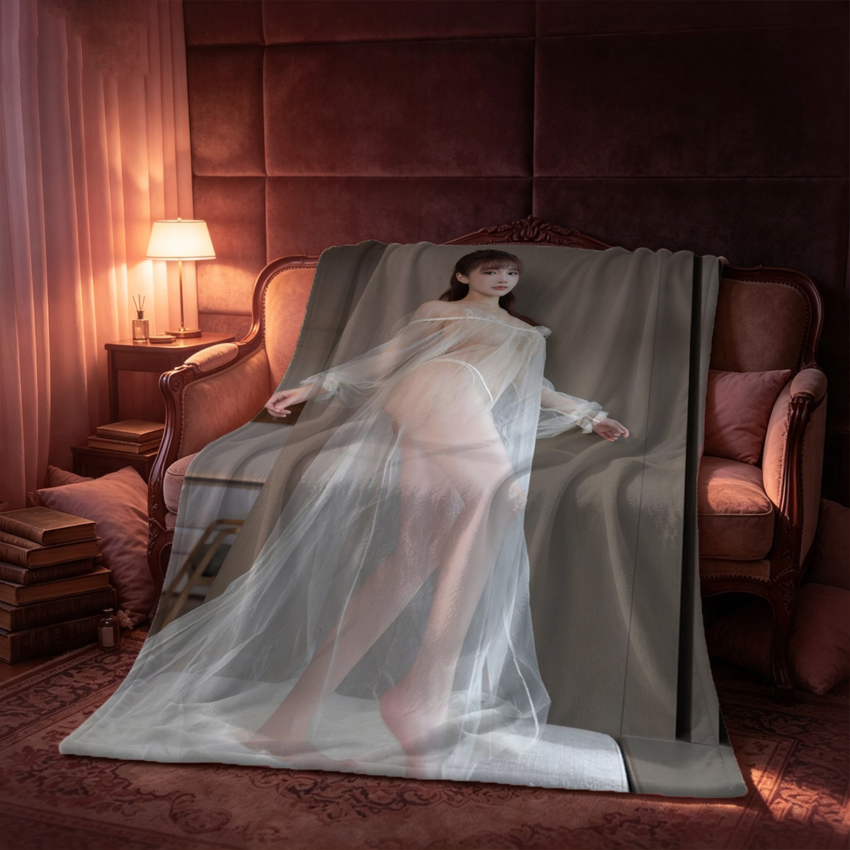 A woman in white lace lingerie and stockings kneeling on the floor. - Blanket