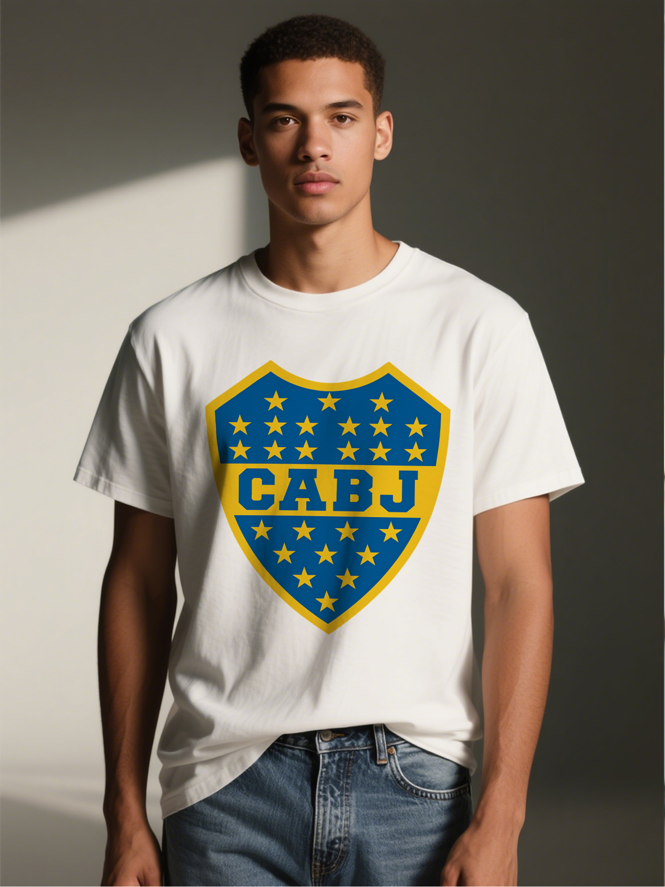 Men's Printed T-Shirt with CABJ Shield Logo and Stars Design, Casual Round Neck Summer Lightweight Breathable Short Sleeve Tee for Sports Fans and Everyday Wear, Suitable for Adults and Football Enthusiasts