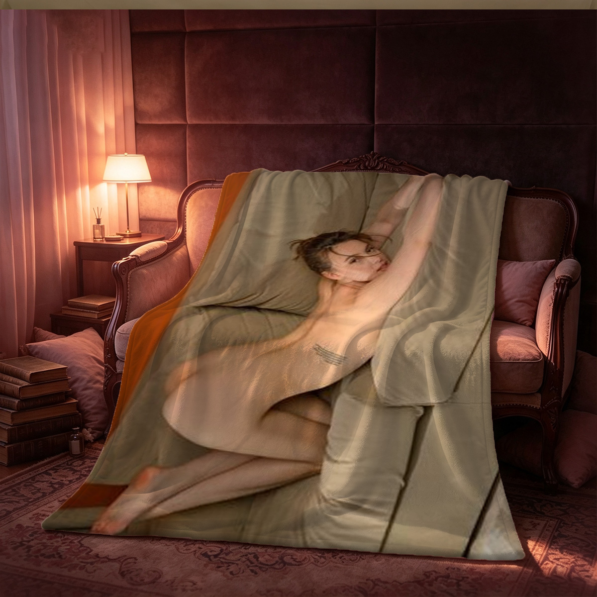 Nude Scarlett Johansson lying on bed looking back over her shoulder. - Blanket
