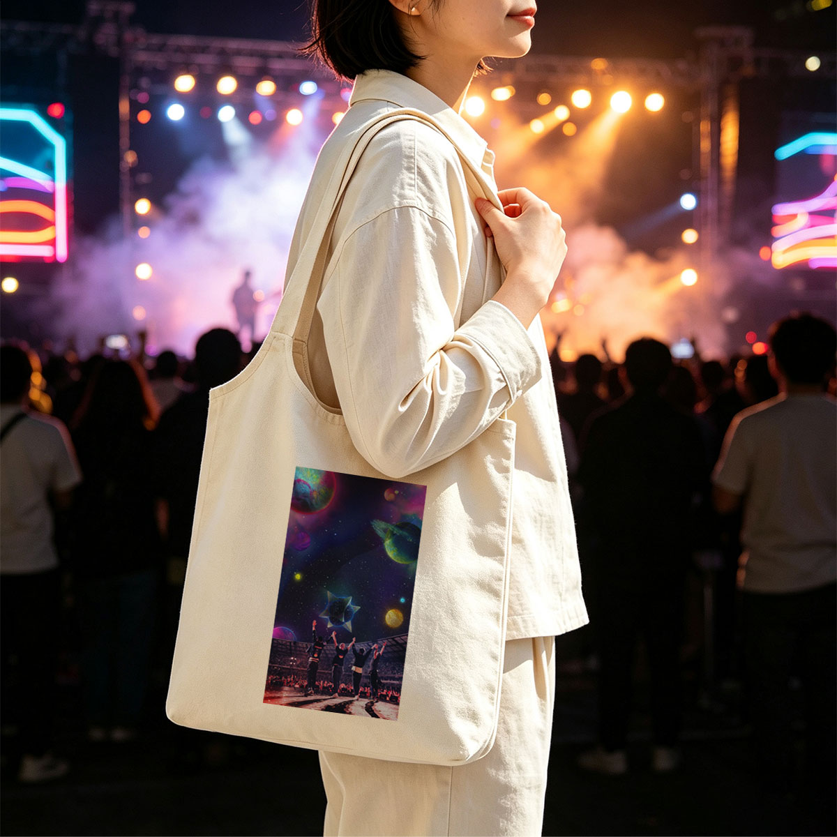Coldplay Live Performance in a Cosmic Stadium with Vibrant Planets and Starry Sky Background - Canvas shoulder bags/