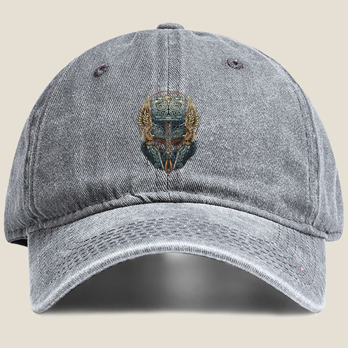 Thor's Hammer Mjolnir with Norse Symbols and Wings - Washed Denim - Baseball Cap