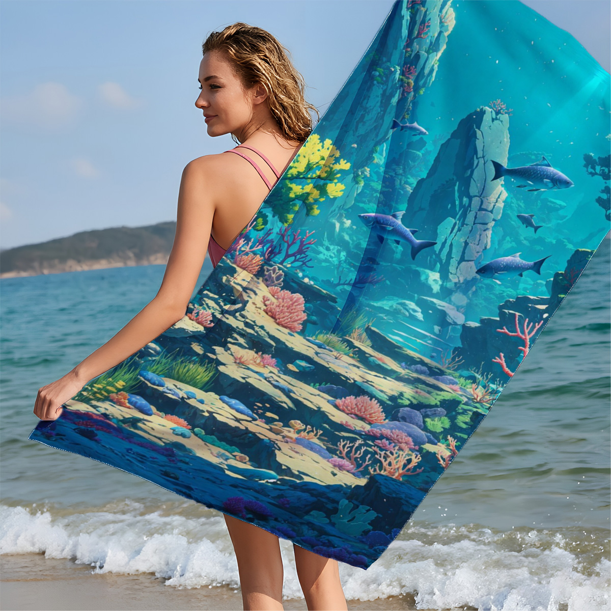 Underwater Paradise with Colorful Coral and Swimming Fish - Beach towels