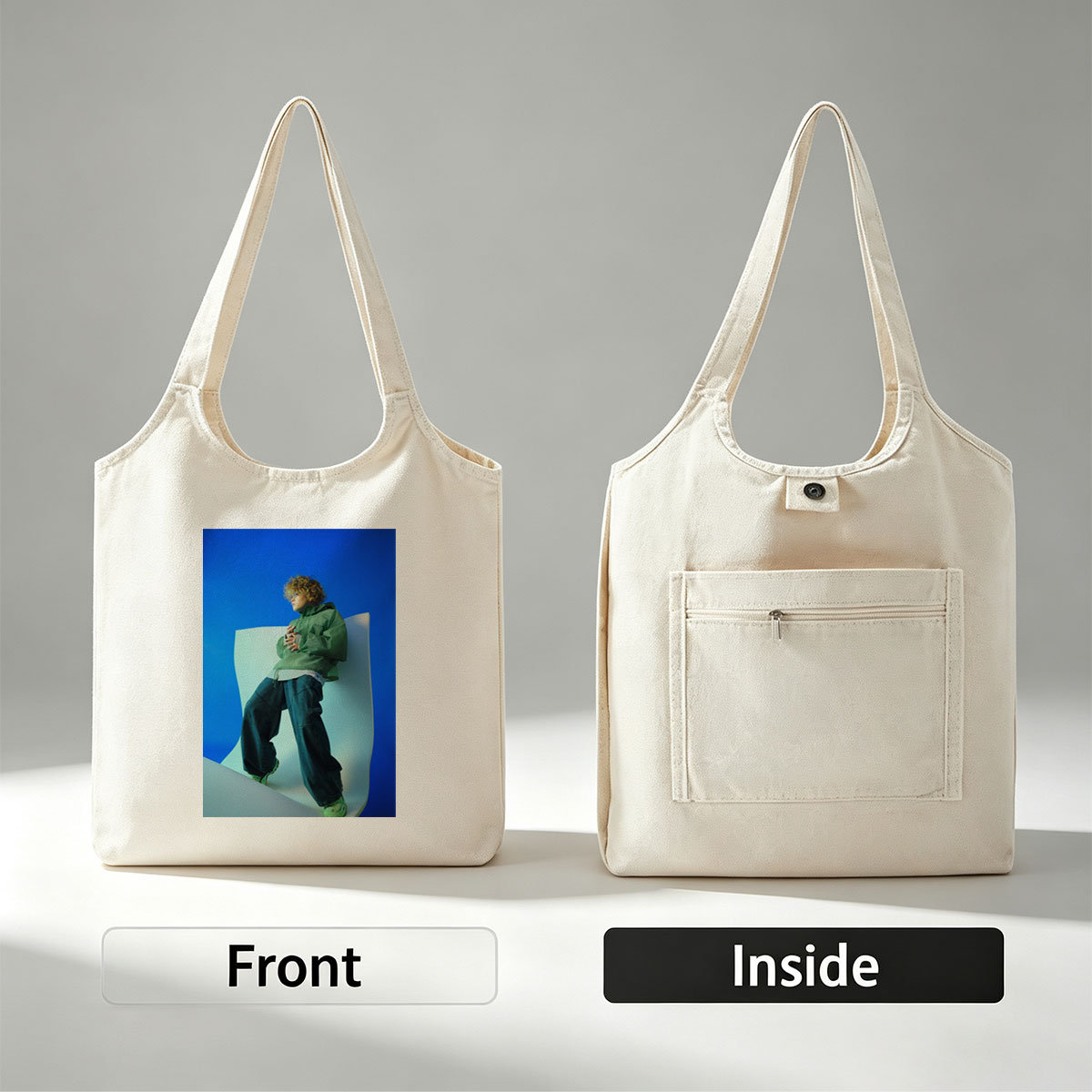 Jaden Smith in a Fashion Shoot Wearing Oversized Green Jacket and Baggy Jeans Against a Blue Background - Canvas shoulder bags/