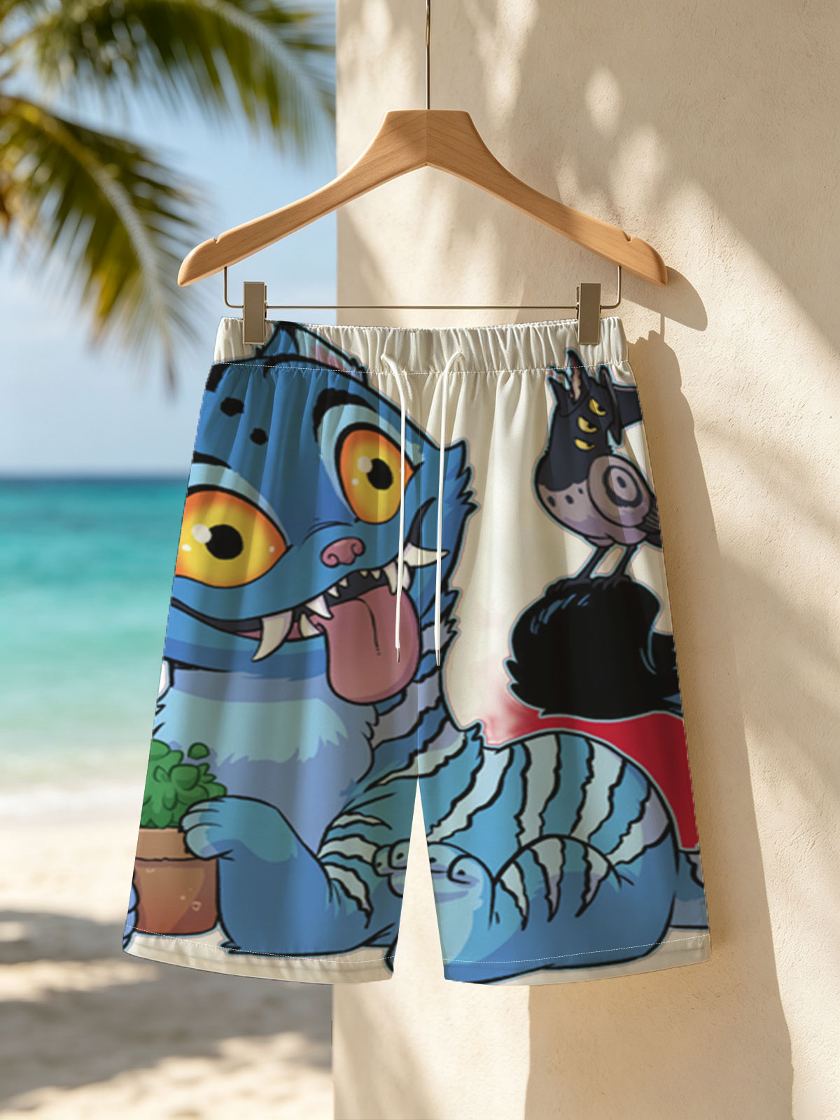 Blue Cat with Cactus and Bird on Head -  Beach shorts