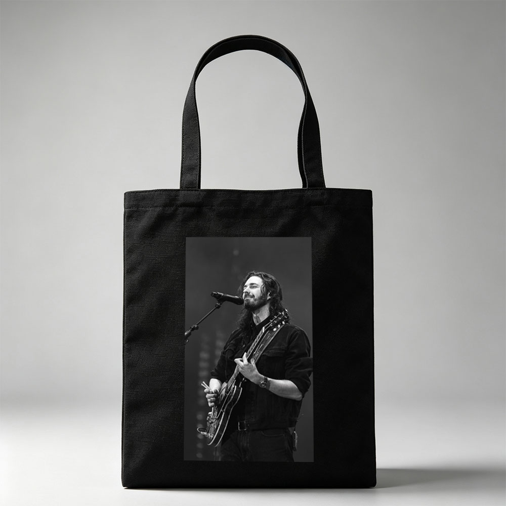 Hozier Performing Live on Stage with Electric Guitar and Microphone - Canvas tote bags
