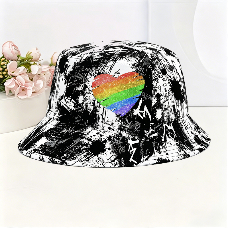 Unisex Classic Graffiti Bucket Hat with Rainbow Heart Glitter Print | Casual Streetwear Accessory for Outdoor Activities, Festival, Daily Wear | Perfect for Adults Seeking Bold Fashion Statement