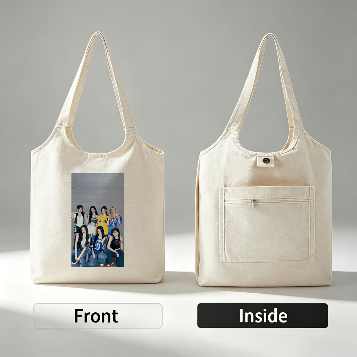 Kep1er Group Photo - Seven Members Posing in Casual Sporty Outfits Against a Gray Wooden Wall - Canvas shoulder bags/