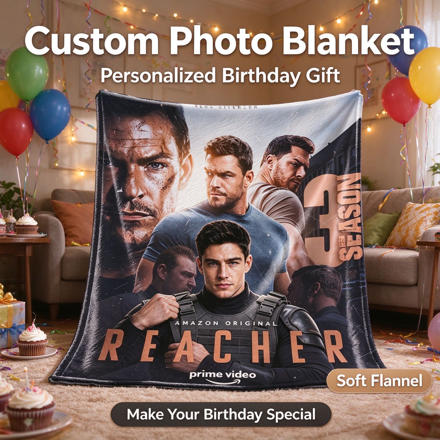 Custom Photo Flannel Fleece Blanket Ultra Soft Personalized Portrait Face Throw Anti Pilling Lightweight Warm Bed Sofa