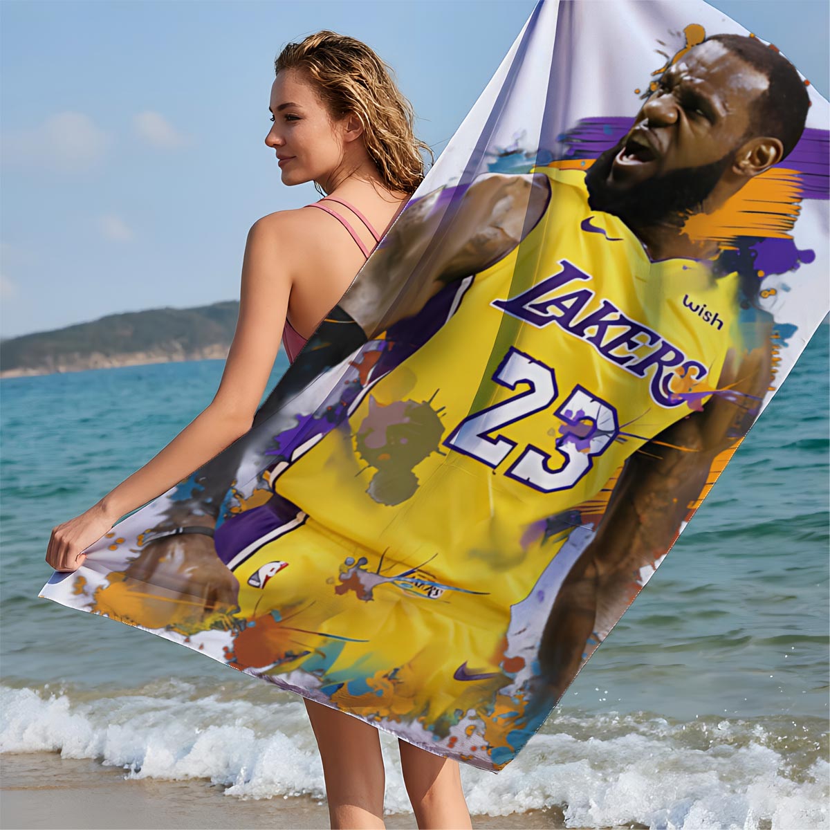 LeBron James in Lakers Jersey, Number 23, Dynamic Artwork - Beach towels