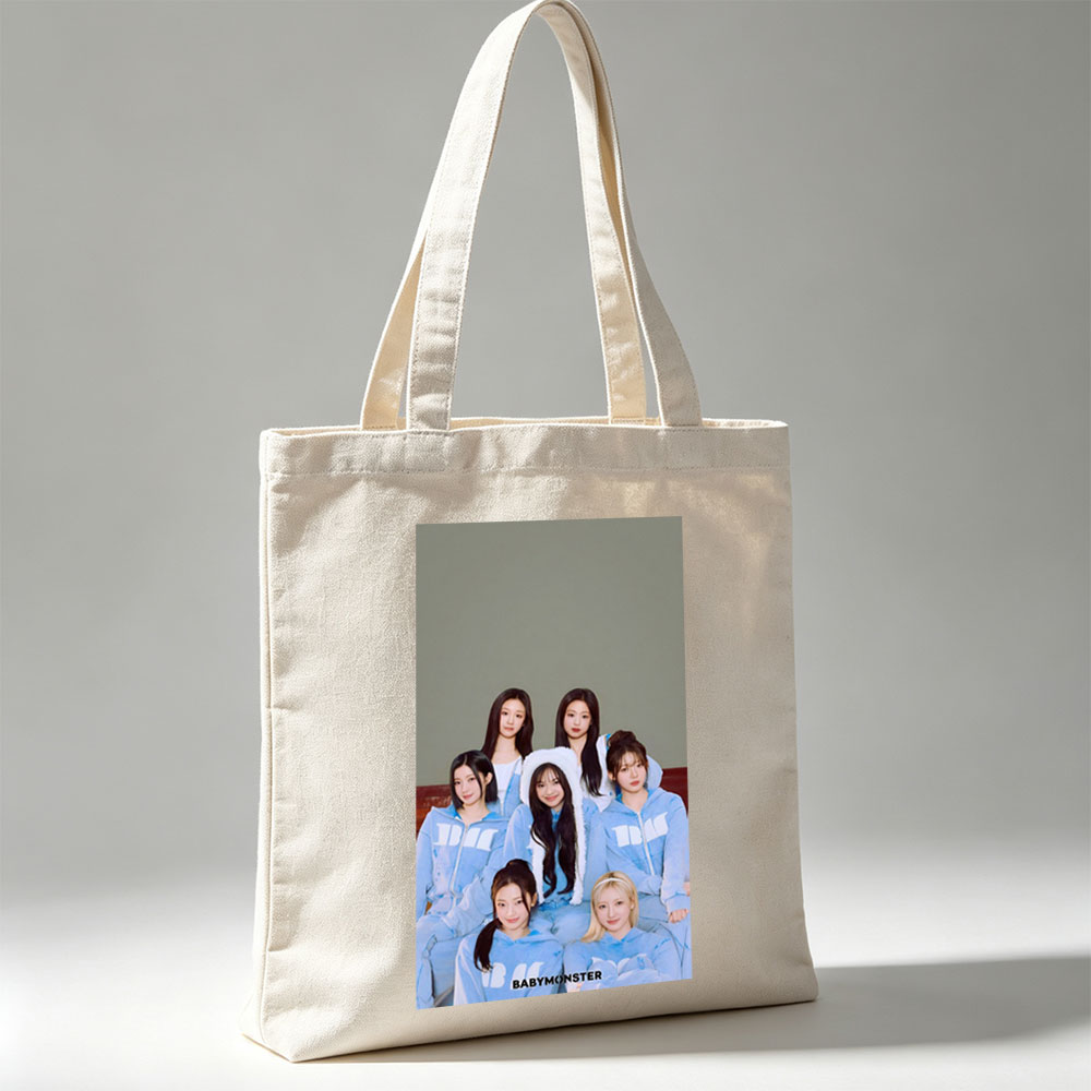 BABYMONSTER Group Photo in Matching Blue Outfits with Furry Hoodies and Minimalist Background - Canvas tote bags