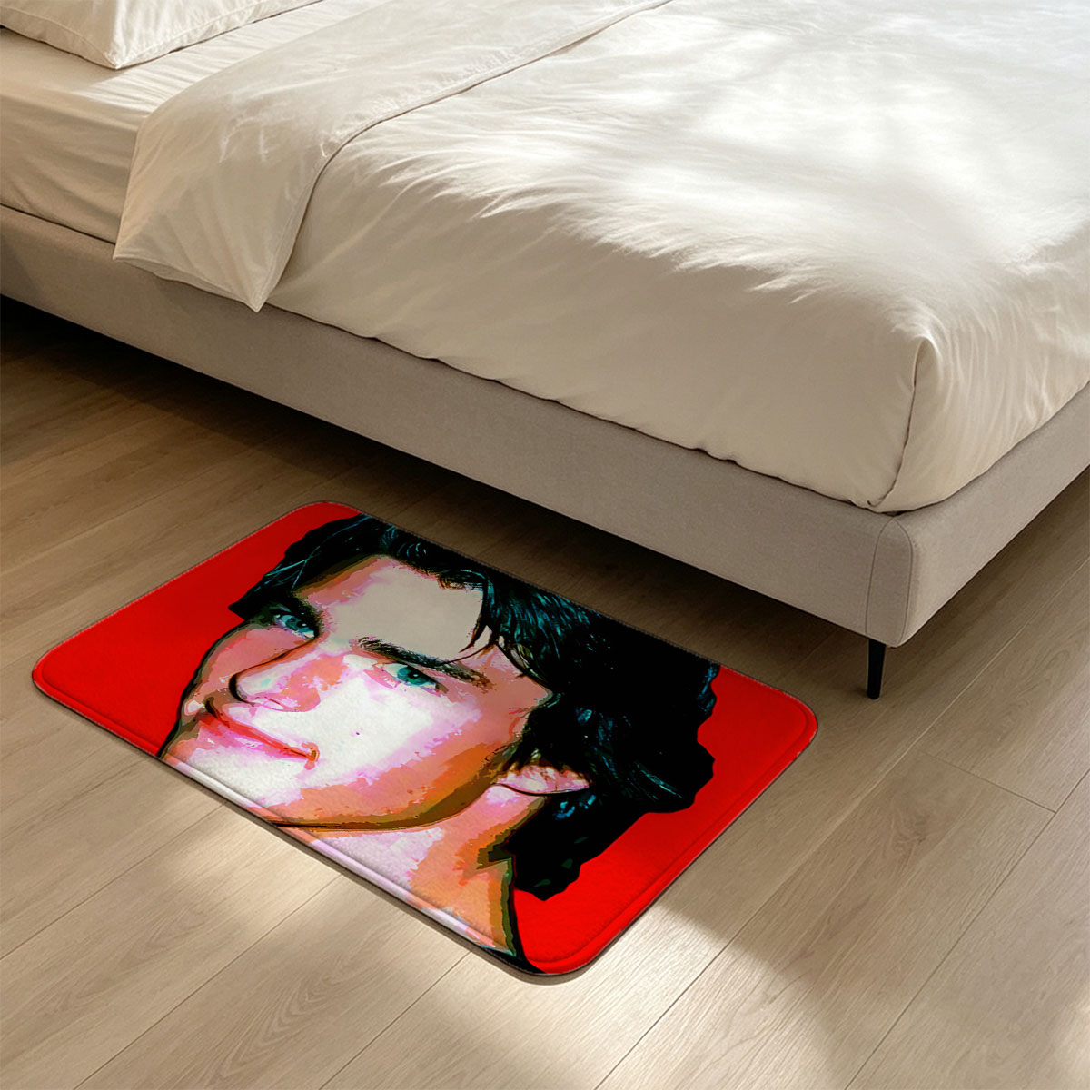 Tom Cruise in a stylized portrait with vibrant red background - Flannel floor mat