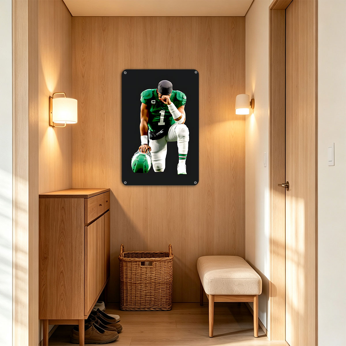 Quarterback in Green Jersey with Number 1, Holding Helmet, Kneeling Pose - painting