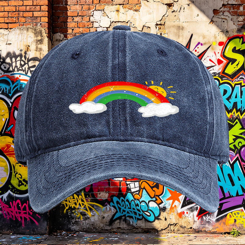Unisex Classic Washed Cap with Rainbow and Sun Print | Casual Outdoor Hat for Adults and Teens | Perfect for Daily Wear, Travel, and Beach Activities