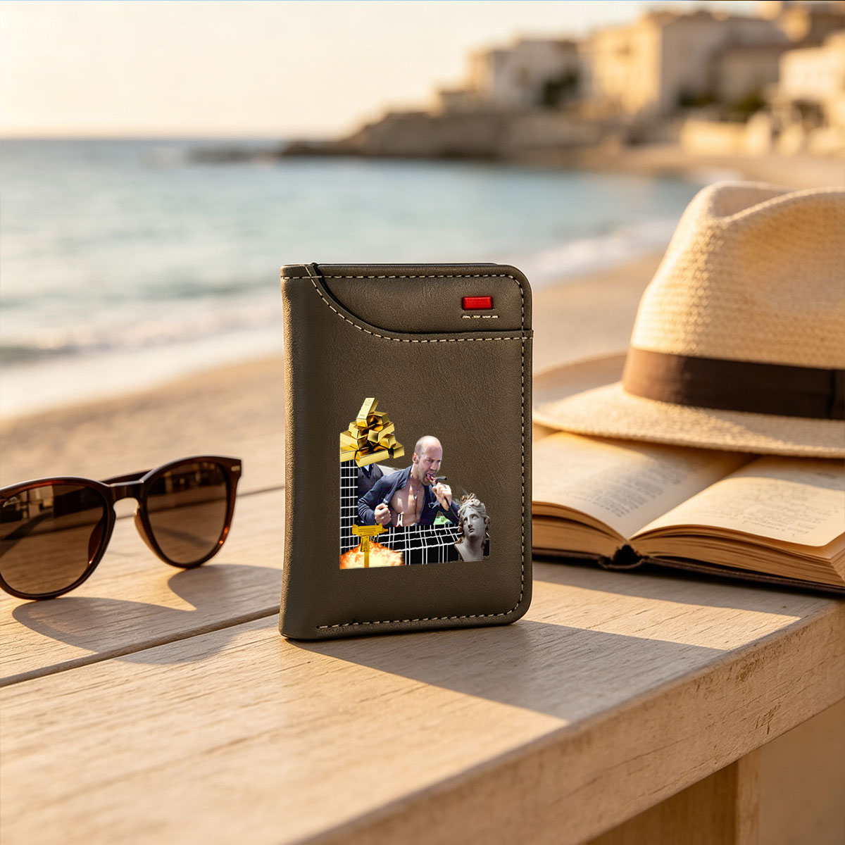 Jason Statham with Gold, Gun, and Classical Bust - Vertical Style Wallet