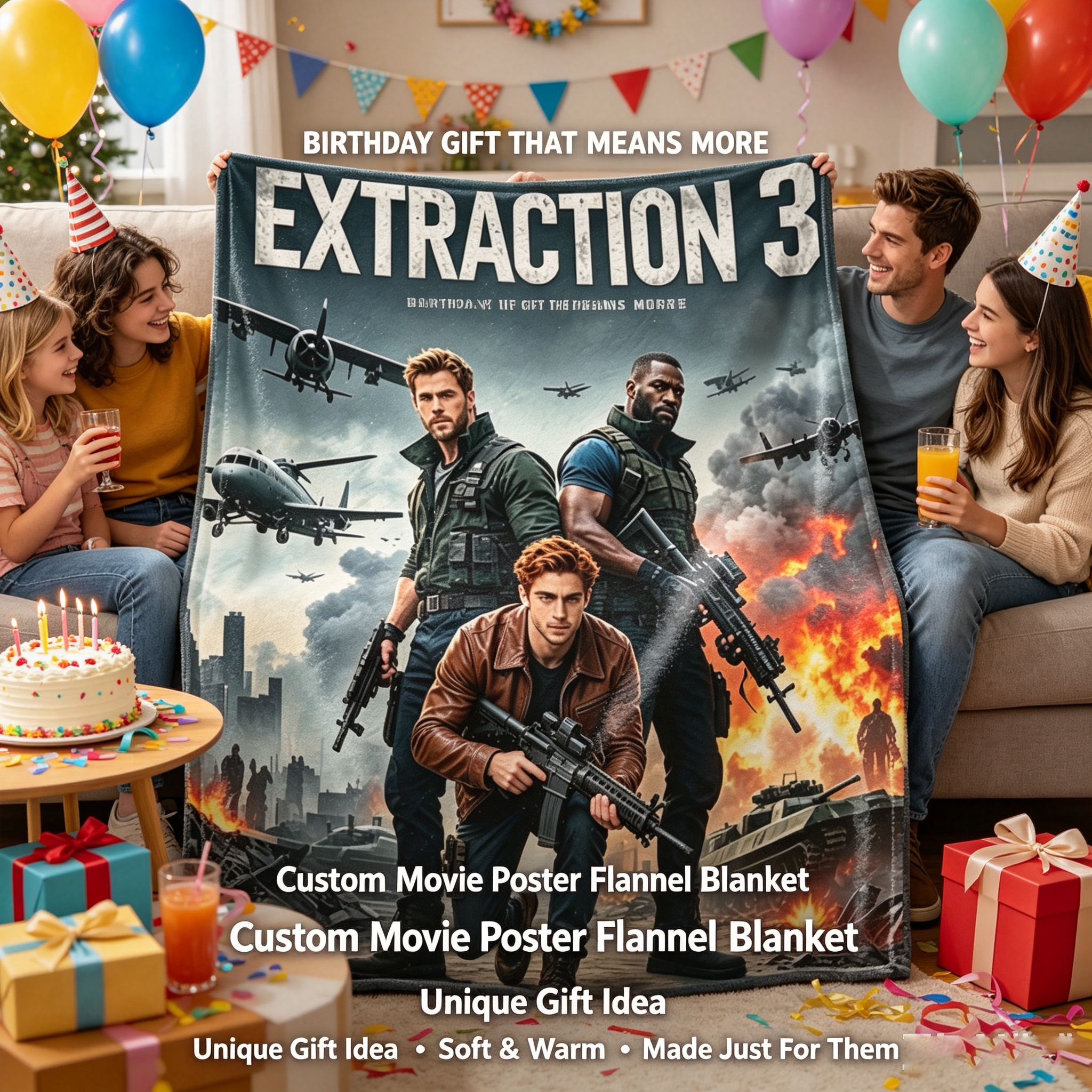 Custom Face Blanket Extraction 3 Movie Poster Flannel Blanket Perfect for Movie Fans and Action Enthusiasts Ideal as a Gift or Giveaway