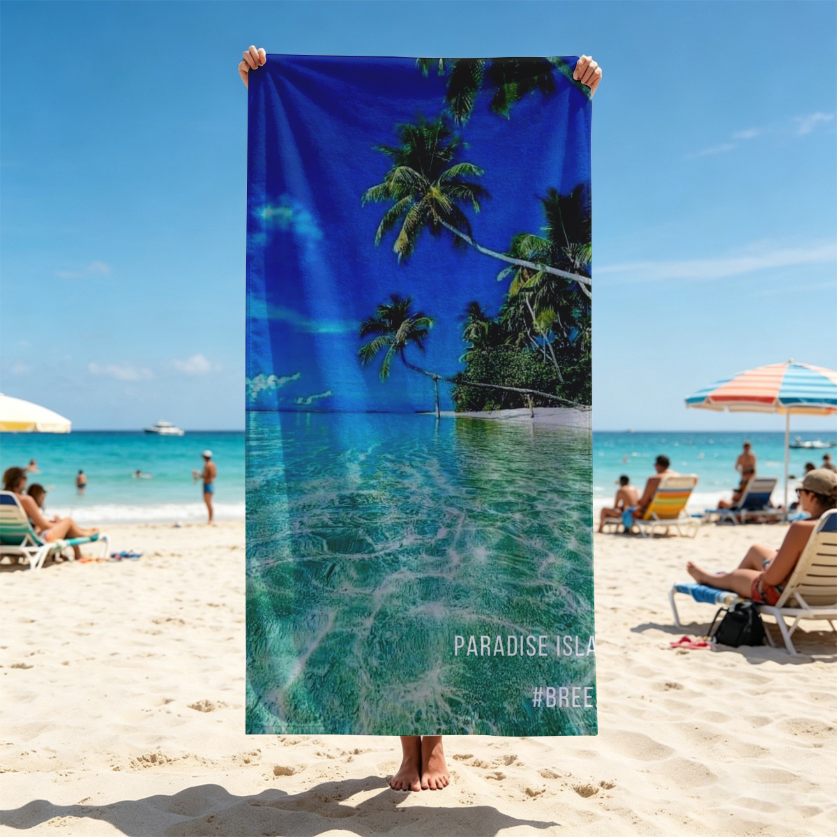 Crystal clear waters and swaying palms on a tropical paradise island under a vibrant blue sky. - Beach towels