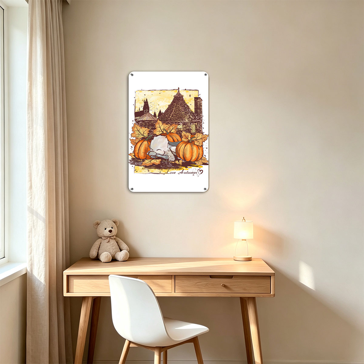 Cute Owl Sleeping Among Pumpkins and Autumn Leaves with Castle Background - Love Autumn - painting