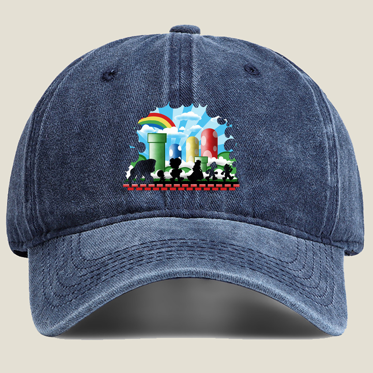 Super Mario Silhouettes: Koopa, Toad, Princess, Mario, and Luigi - Washed Denim - Baseball Cap