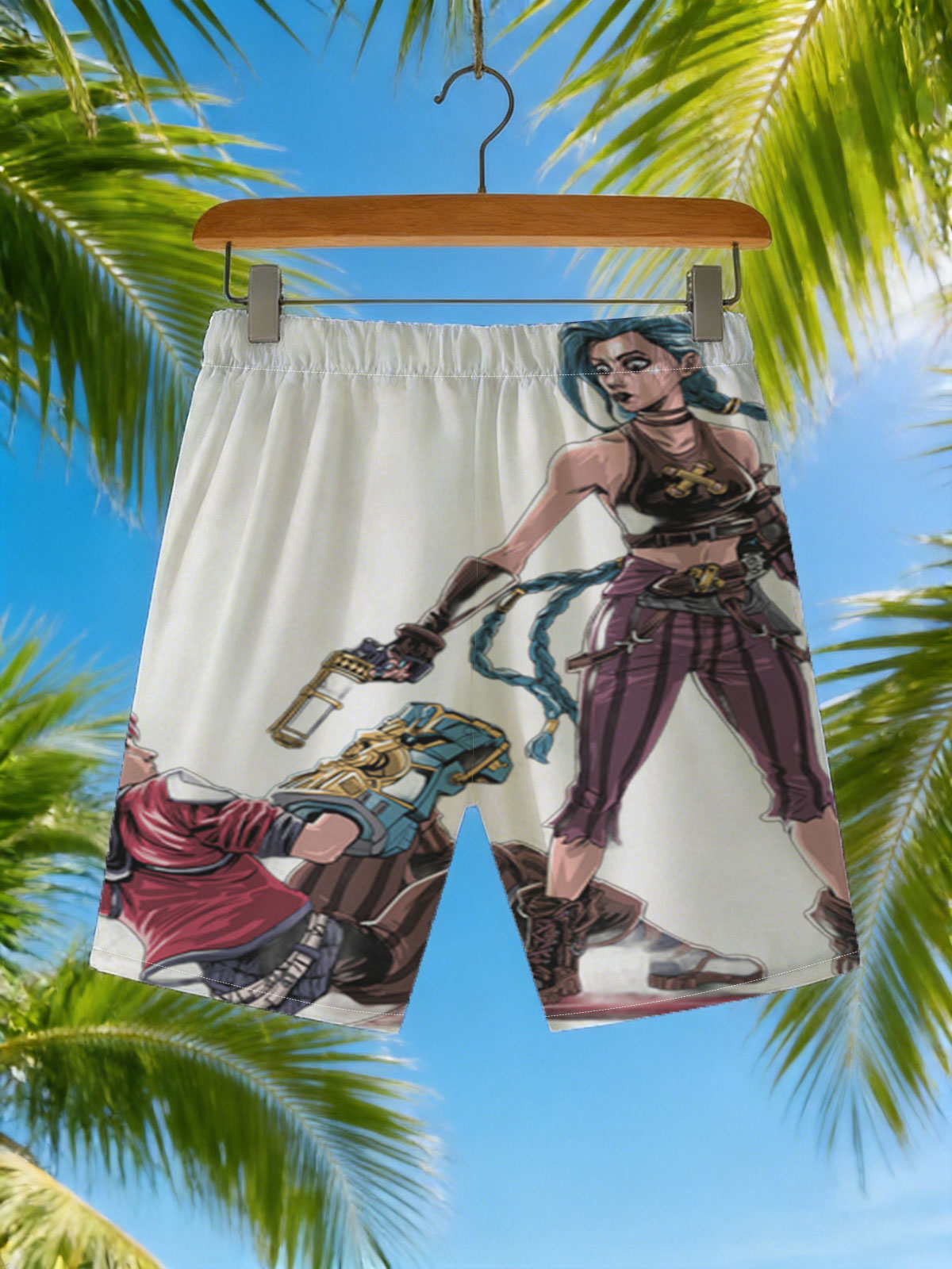 Blue-Haired Warrior and Pink-Haired Ally in Steampunk Combat Stance -  Beach shorts