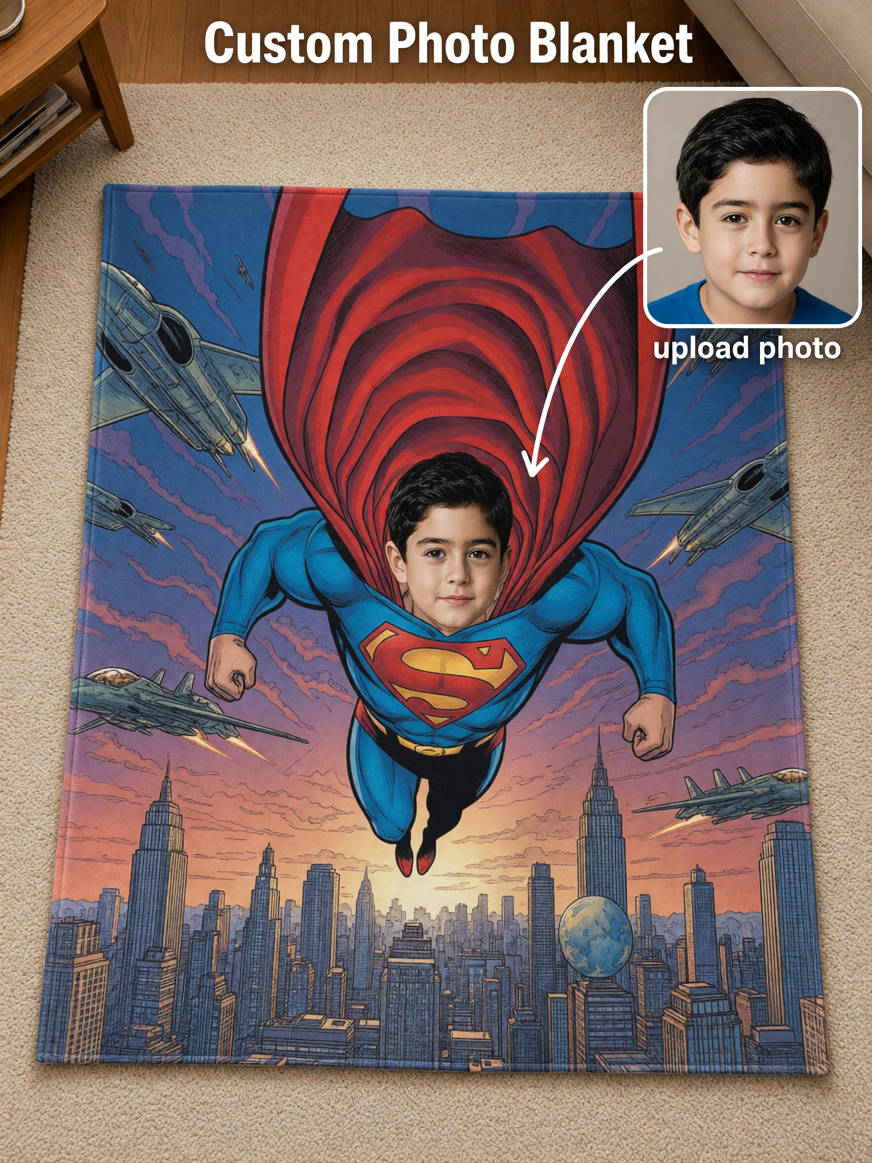 Custom Face Superhero Photo Flannel Blanket, Personalized Soft Warm Throw Blanket, Unique Gift for Kids and Comic Fans
