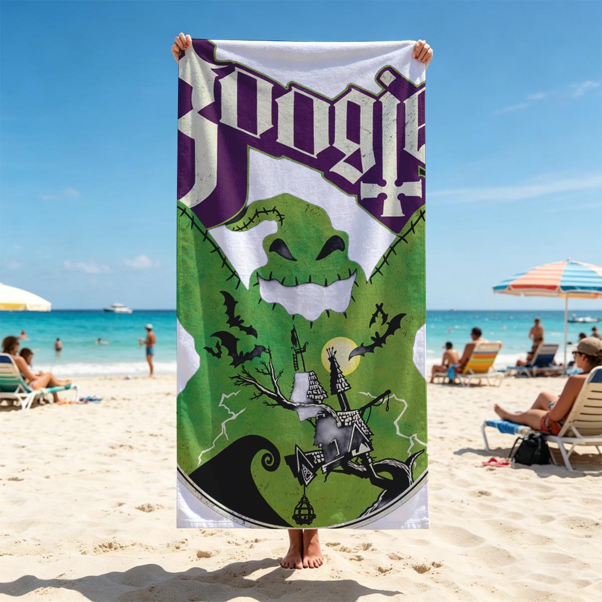 Boogie: Green Monster with Spooky Castle and Bats - Beach towels