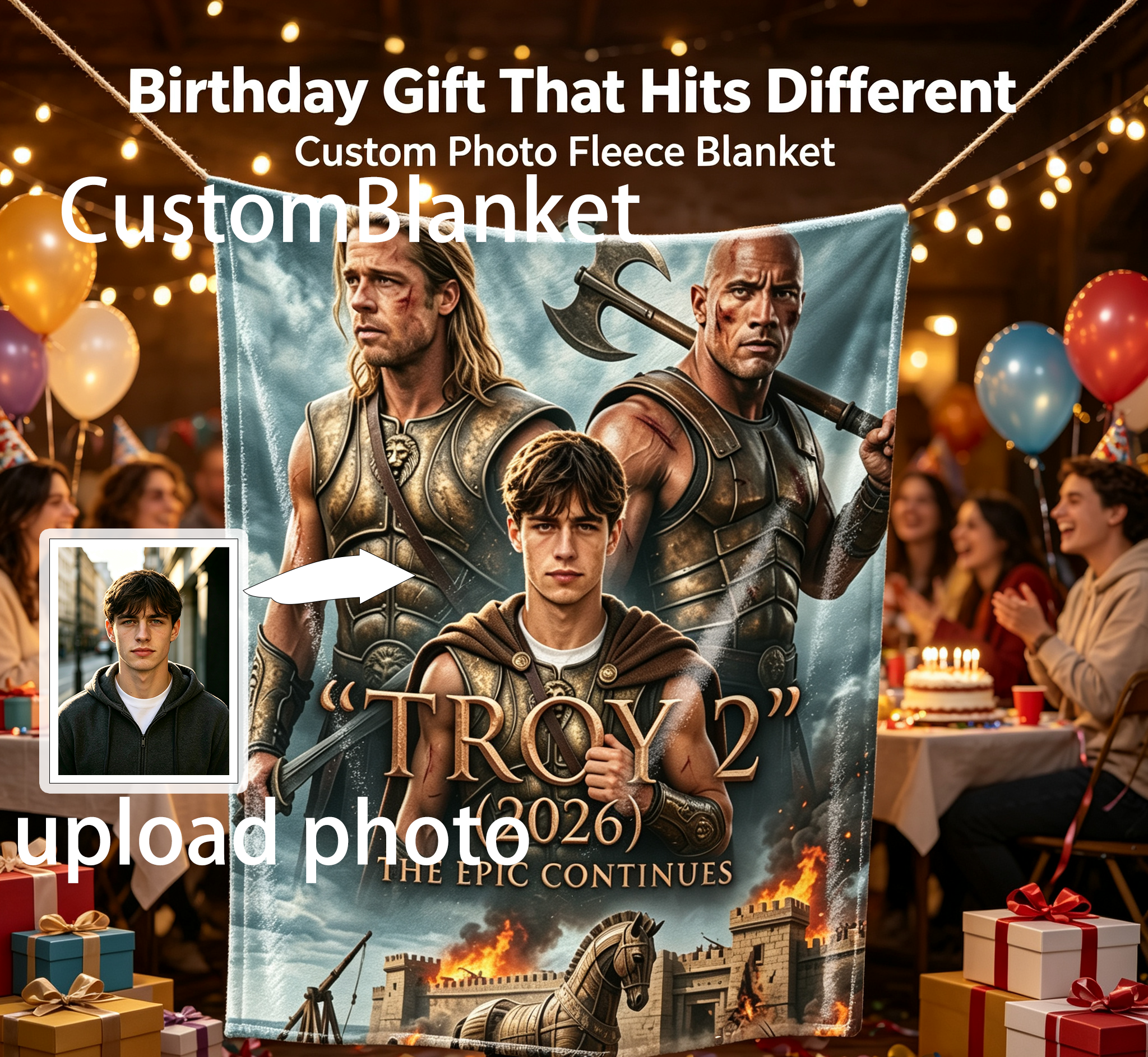 Custom Face Blanket Troy 2 Movie Inspired Flannel Blanket Perfect for Couch, Bed, or Travel Ideal Gift for Fans of Epic War Films and Movie Memorabilia