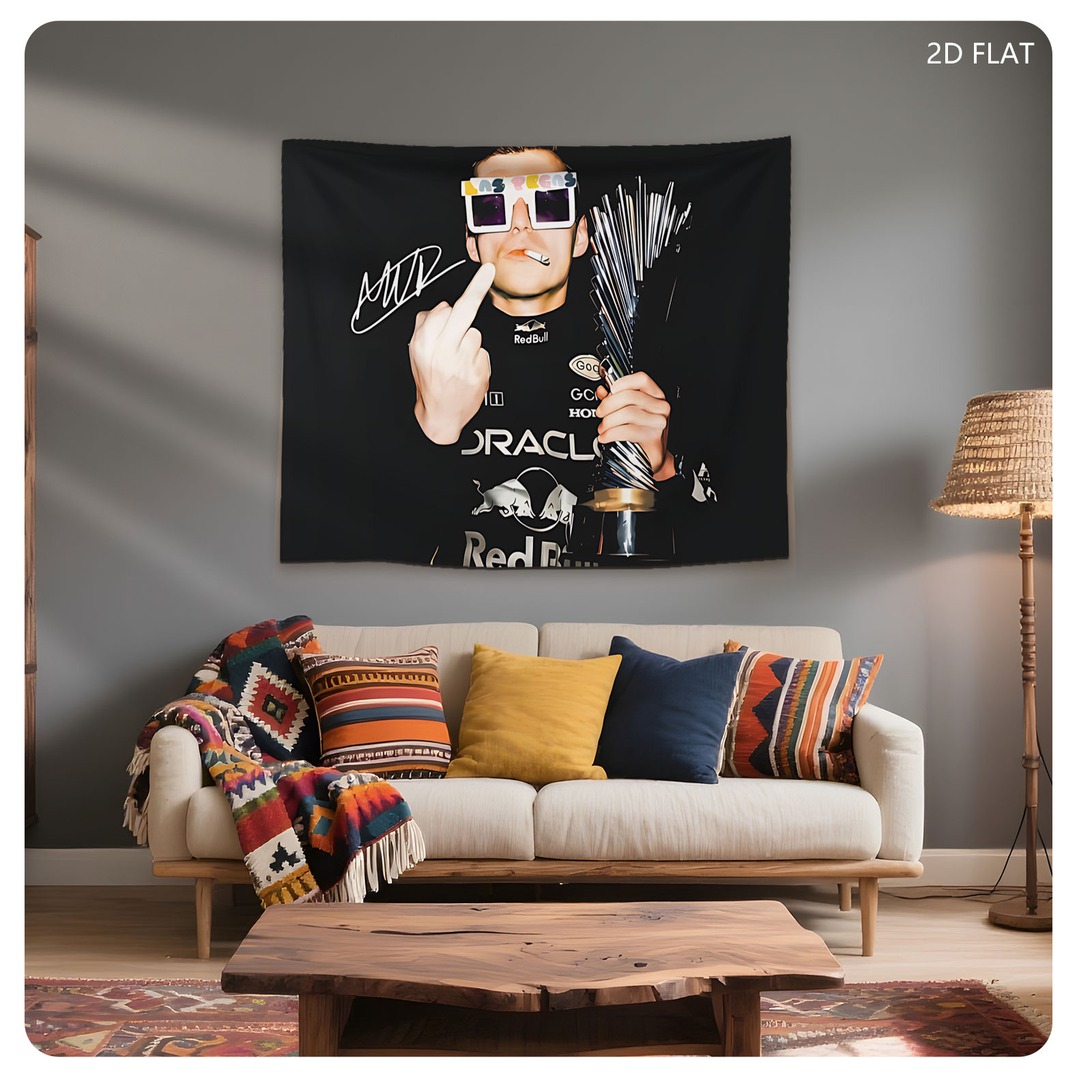 Max Verstappen in Red Bull Racing Gear, Holding Trophy and Wearing Las Vegas Sunglasses - Tapestry