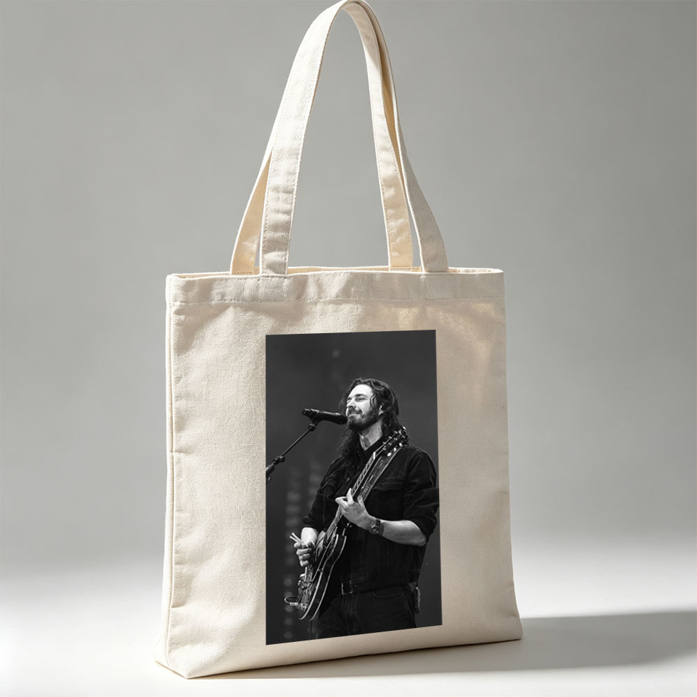 Hozier Performing Live on Stage with Electric Guitar and Microphone - Canvas tote bags