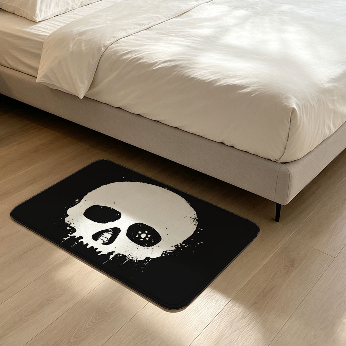 Skull with Ship in Mouth, Black and White Art - Flannel floor mat