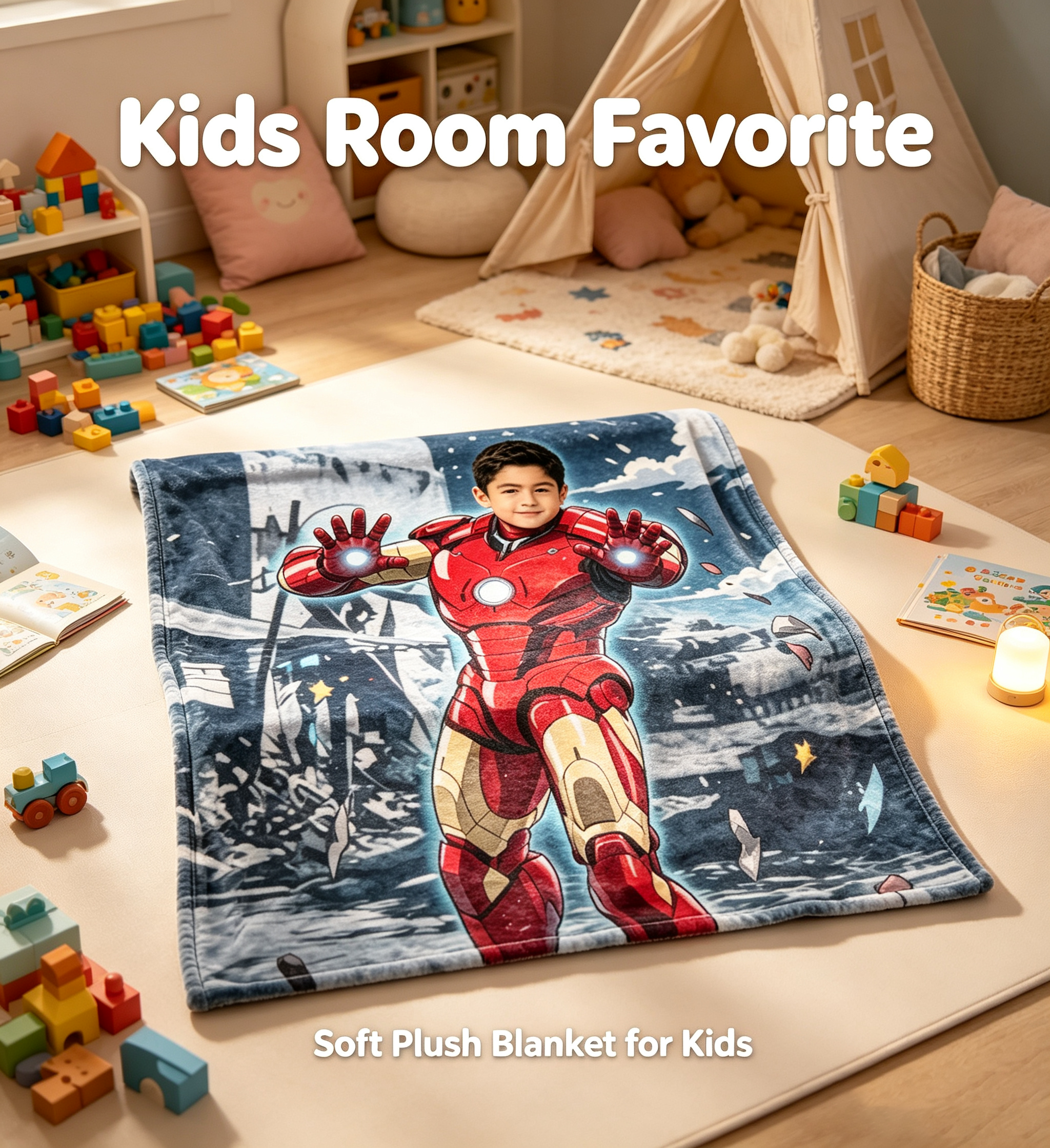 Personalized Iron Superhero Kids Blanket - Custom Face Soft Plush Throw 2.