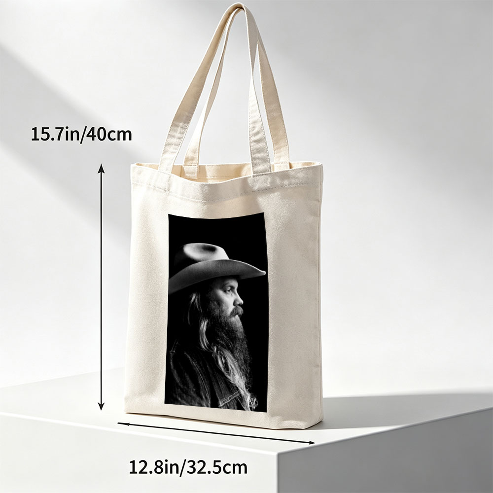 Chris Stapleton in Profile with Cowboy Hat and Long Beard in Black and White Portrait - Canvas tote bags