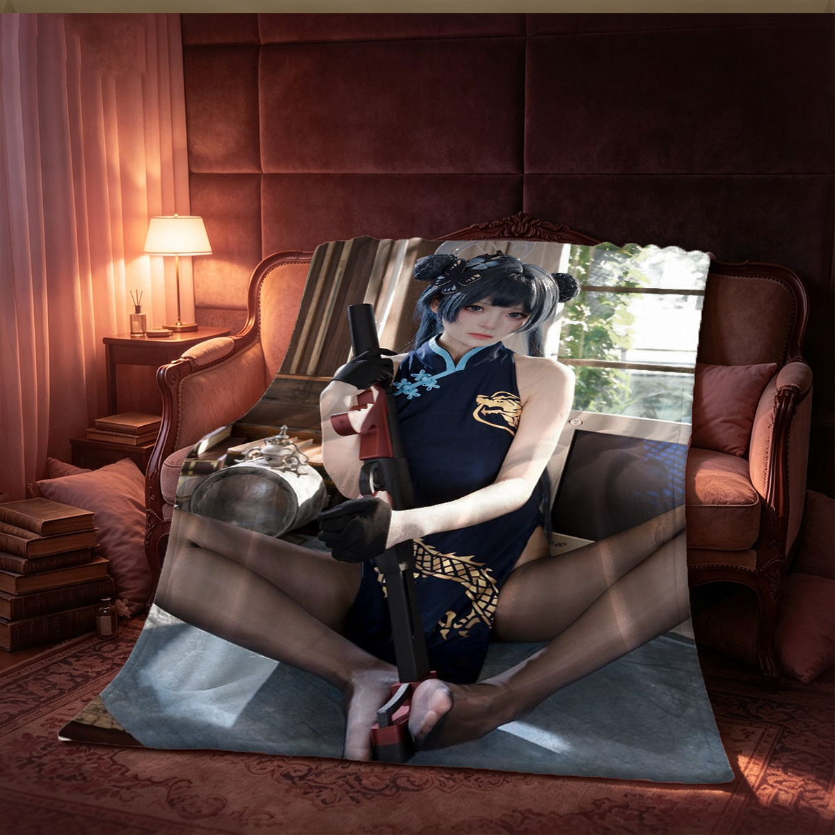 Nude woman on all fours showing her ass and soles on bed. - Blanket