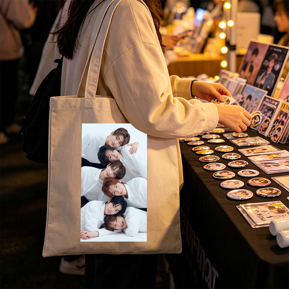 BOYNEXTDOOR Group Photo - Six Members in White Shirts Posing Closely Together on a White Background - Canvas tote bags