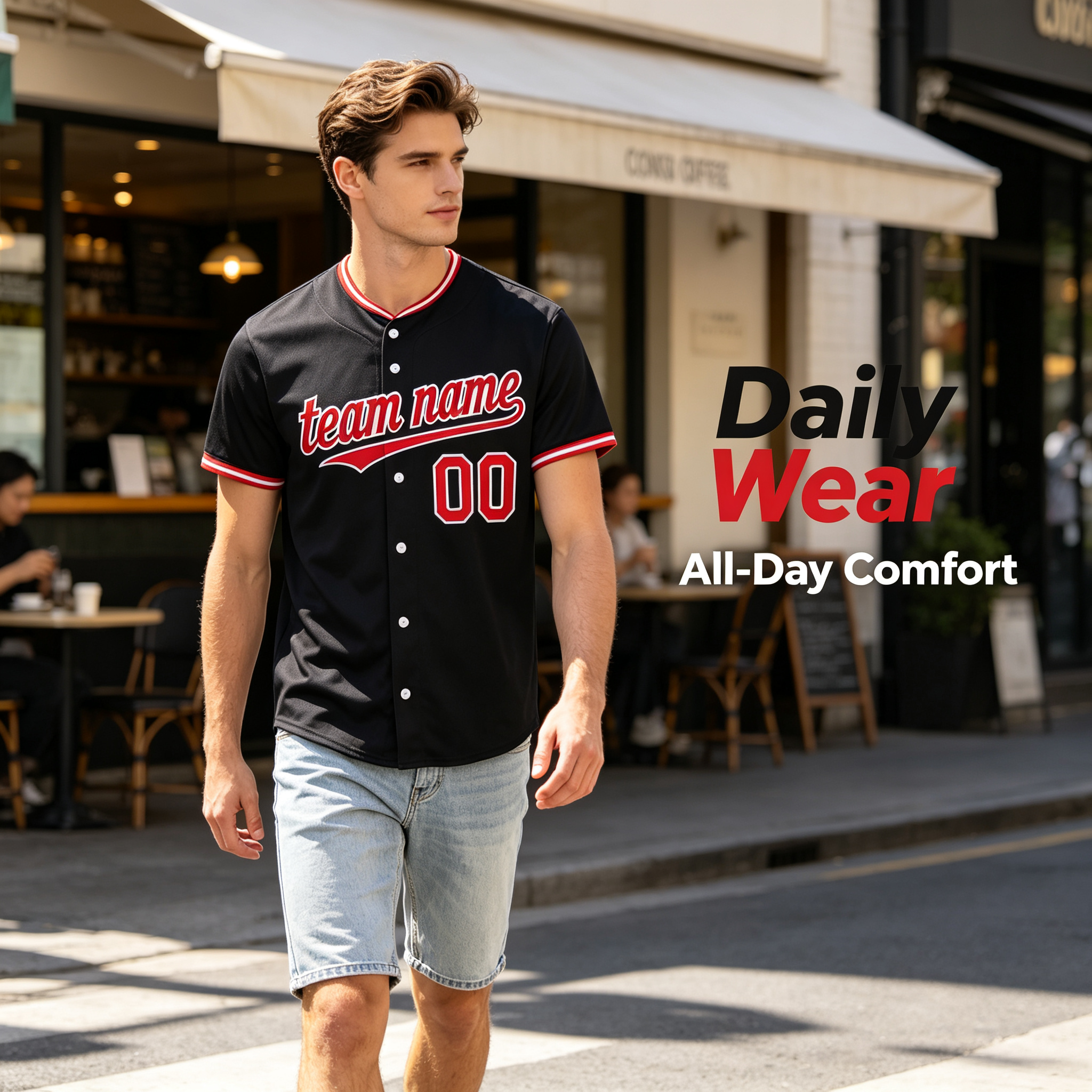 Custom Printed Cleveland Letter C Style Baseball Jersey Navy Blue Red Trim Button Down Shirt for Men and Women
