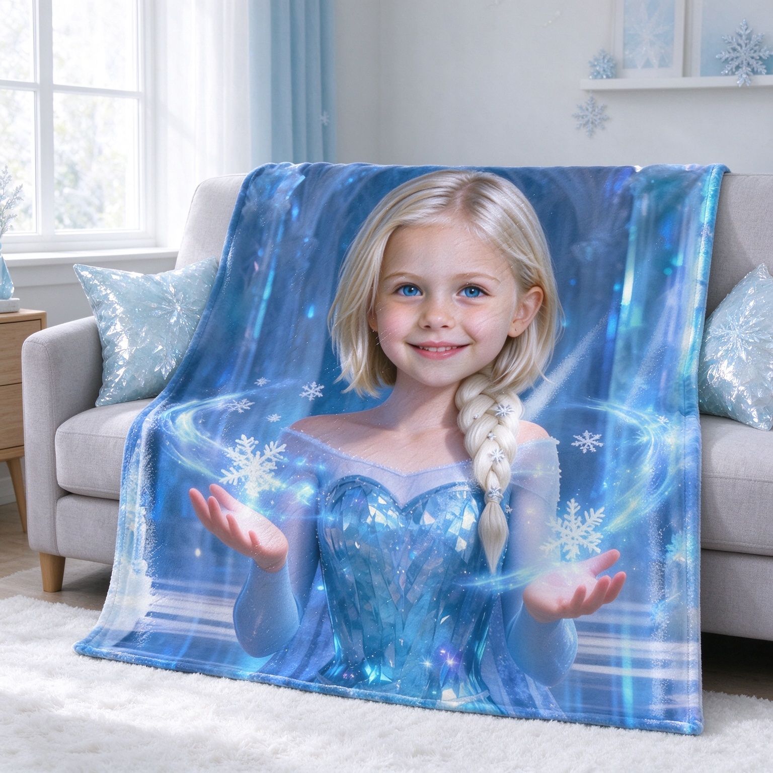 Custom Face Photo Blanket, Magical Ice Princess Ultra Soft Flannel Throw, Personalized Cozy Gift for Kids and Family