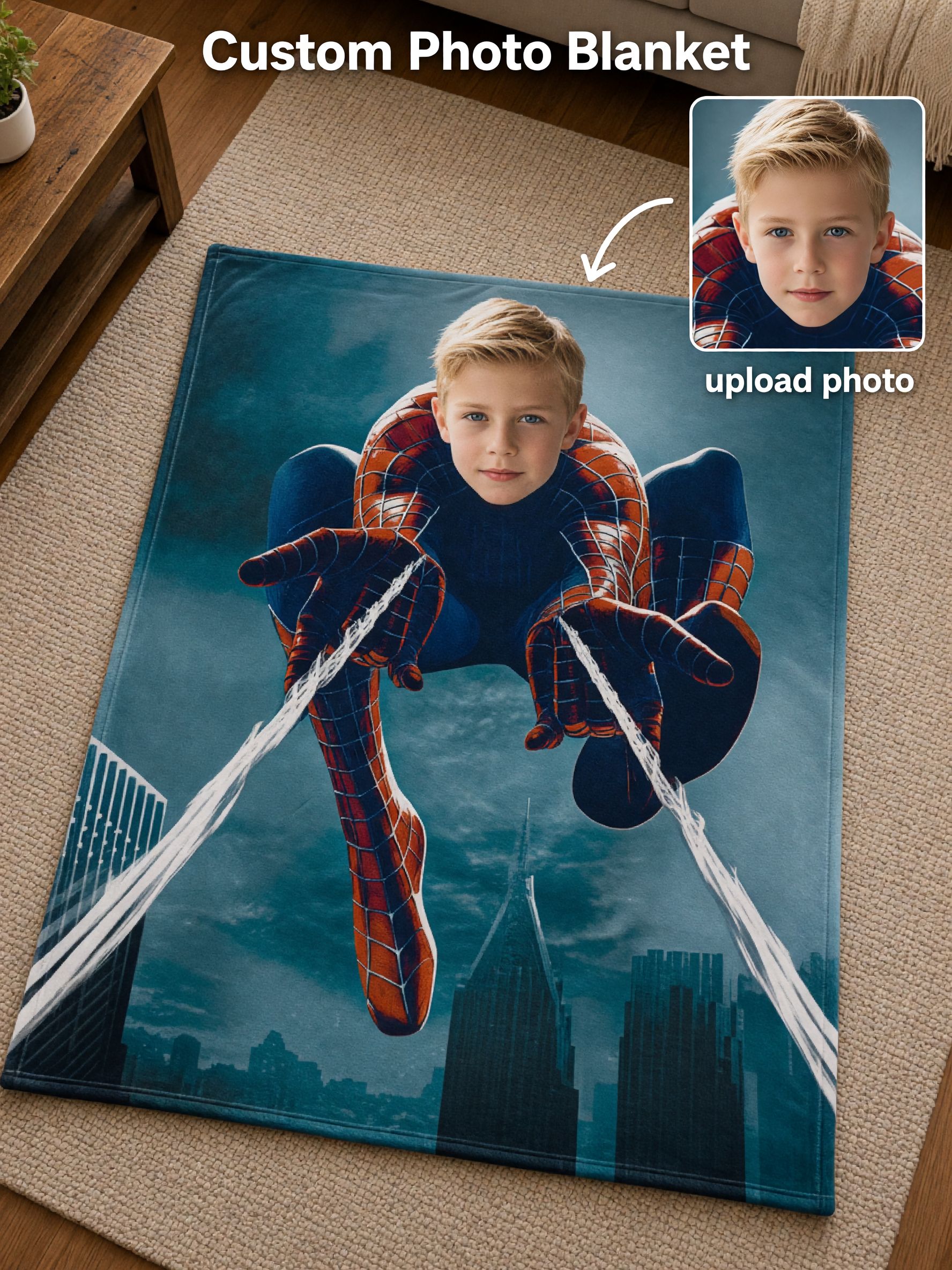 Custom Face Photo Superhero Flannel Blanket Personalized Picture Throw Ideal Gift for Kids Boys Bed Sofa