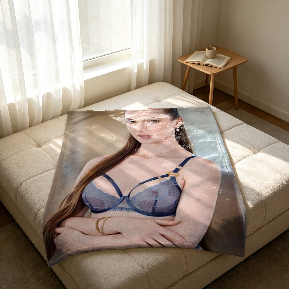 Blonde woman in white lace lingerie sitting on blue armchair. - Blanket