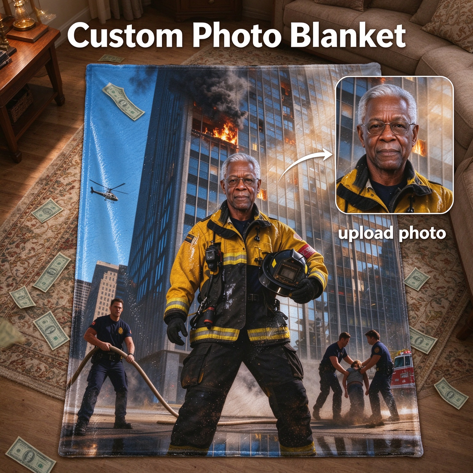 Custom Firefighter Photo Blanket Personalized Face Flannel Throw Ultra Soft Cozy Keepsake Gift for Bed and Couch