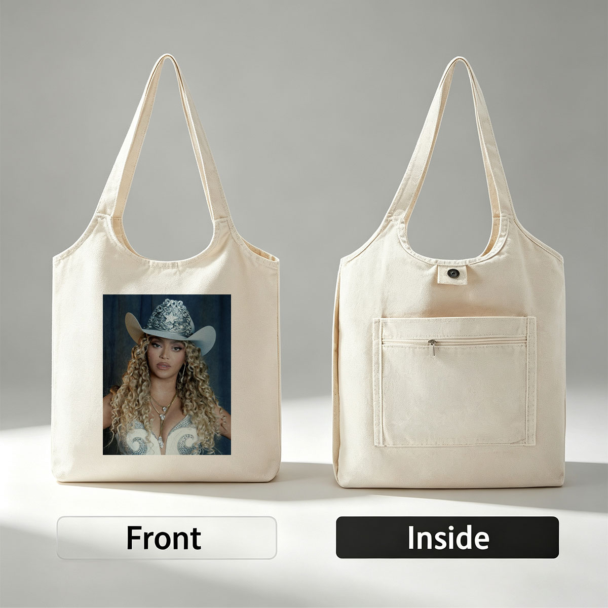 Beyonce in Cowboy Hat and Sparkling Outfit with Long Curly Hair - Canvas shoulder bags/